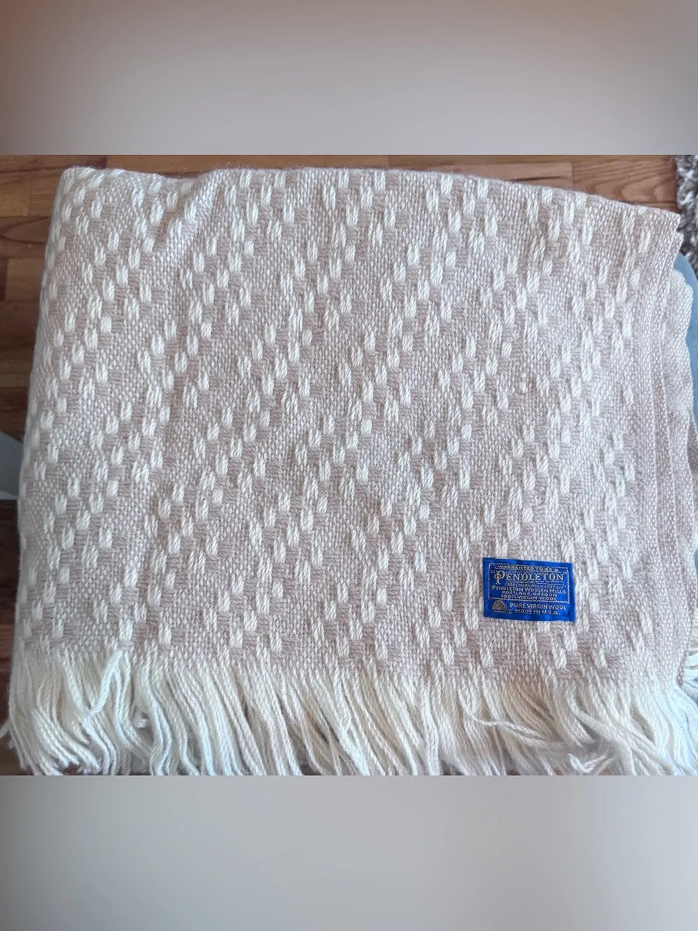 Vintage Pendleton Cream Textured 100% Virgin Wool Blanket with Fringe